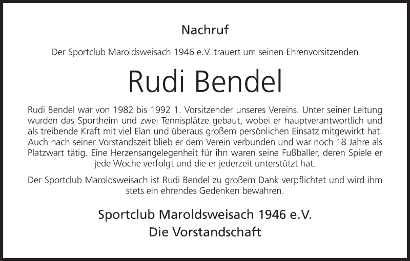  Traueranzeige für Rudi Bendel vom 04.02.2016 aus MGO