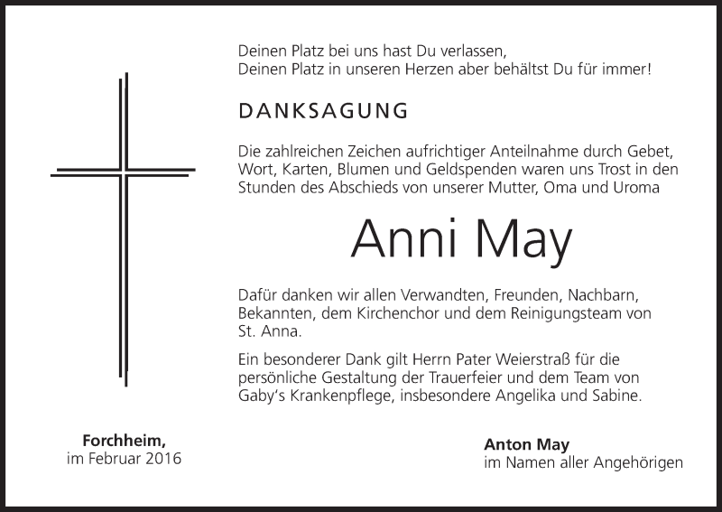  Traueranzeige für Anni May vom 20.02.2016 aus MGO