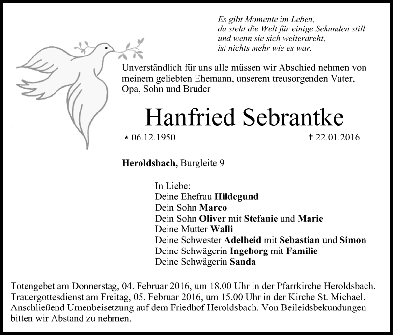 Traueranzeige für Hanfried Sebrantke vom 02.02.2016 aus MGO