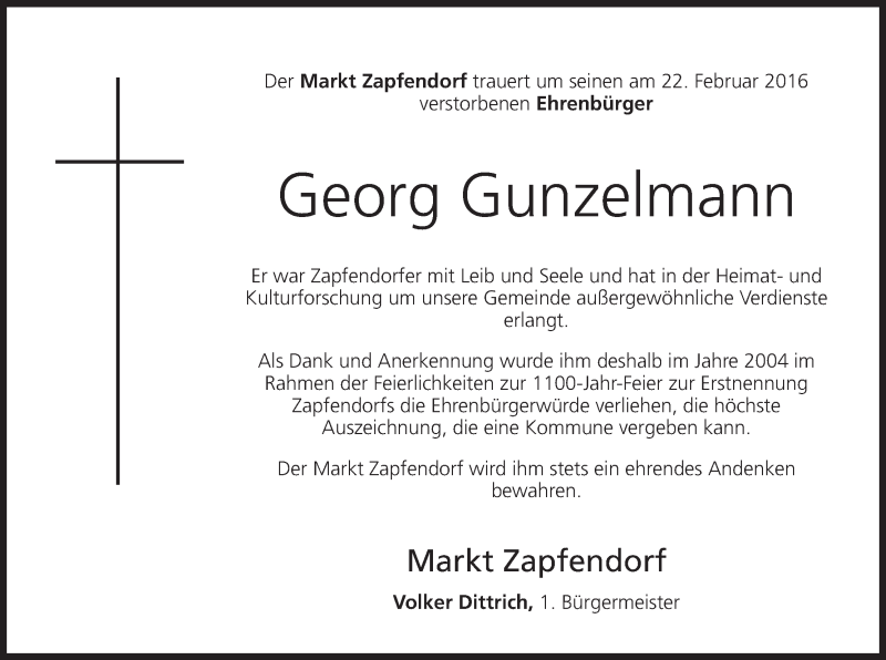  Traueranzeige für Georg Gunzelmann vom 24.02.2016 aus MGO