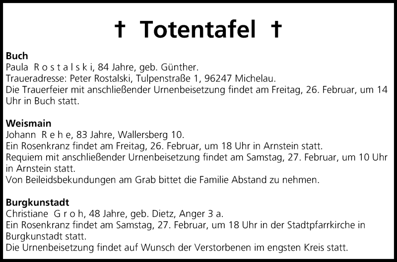  Traueranzeige für Totentafel vom 25.02.2016 vom 25.02.2016 aus MGO