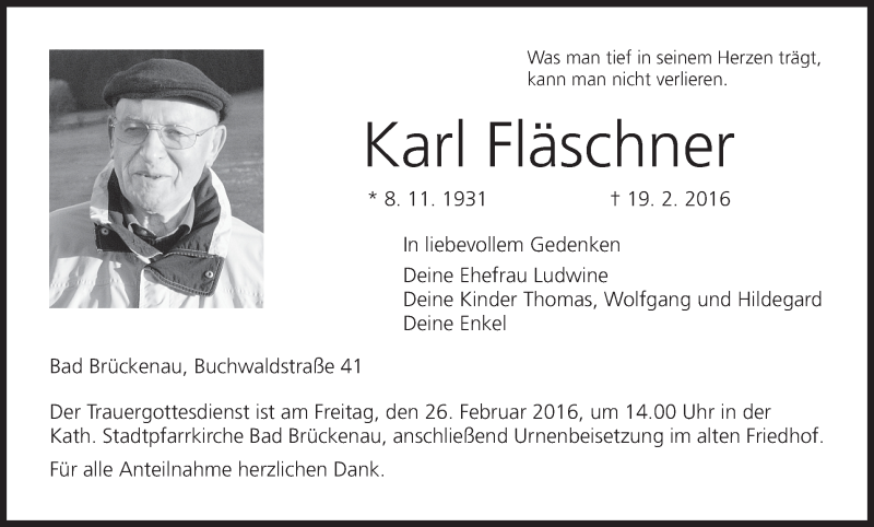  Traueranzeige für Karl Fläschner vom 24.02.2016 aus MGO