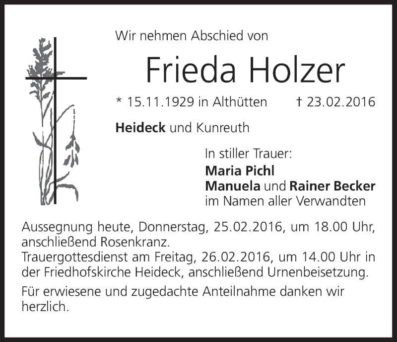  Traueranzeige für Frieda Holzer vom 25.02.2016 aus MGO