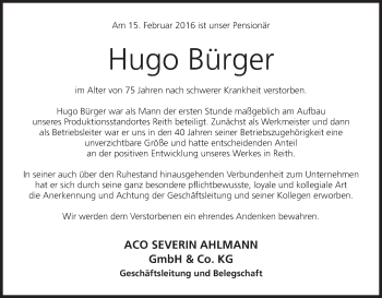 Anzeige von Hugo Bürger von MGO