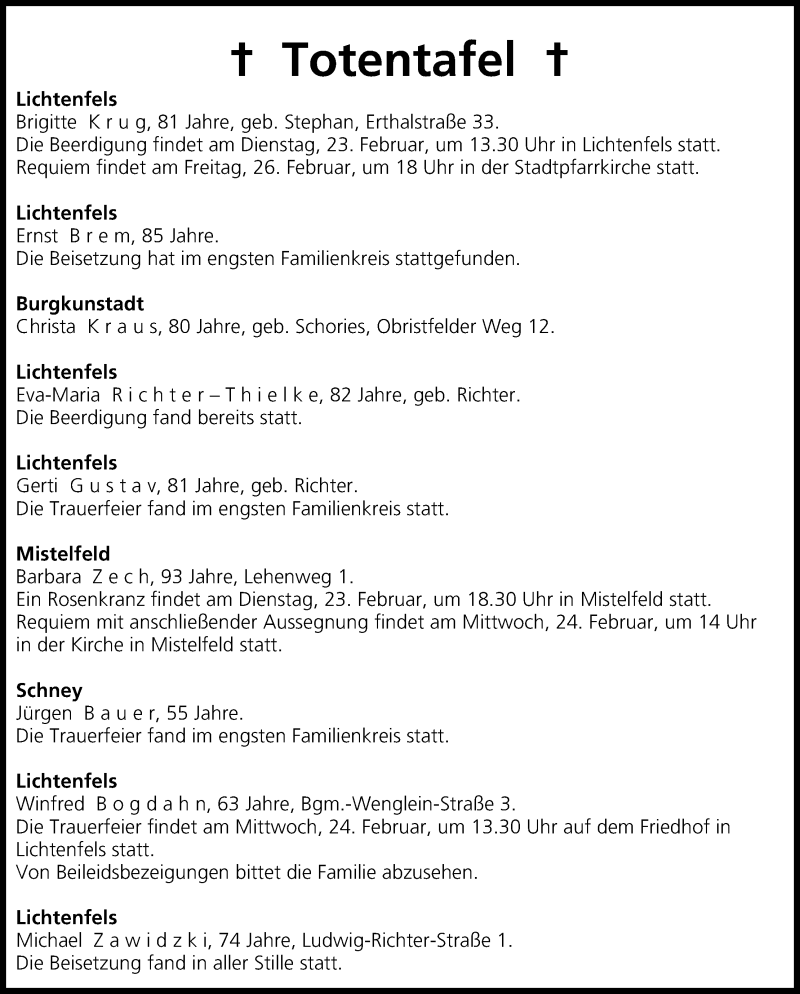  Traueranzeige für Totentafel vom 23.02.2016 vom 23.02.2016 aus MGO