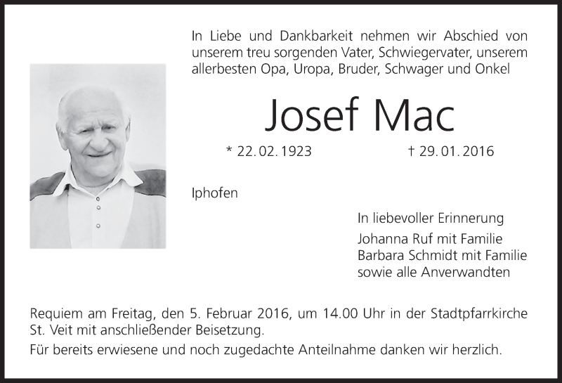  Traueranzeige für Josef Mac vom 02.02.2016 aus MGO