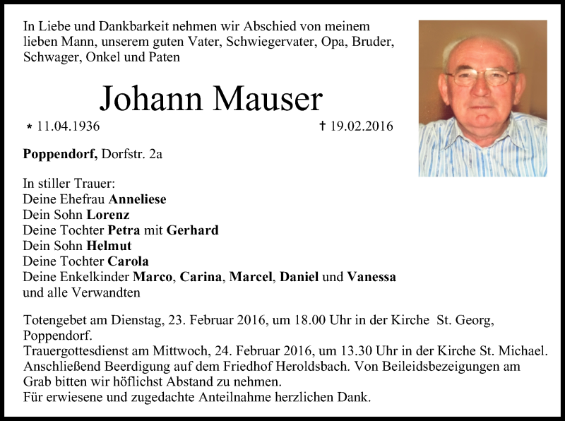 Traueranzeige für Johann Mauser vom 23.02.2016 aus MGO