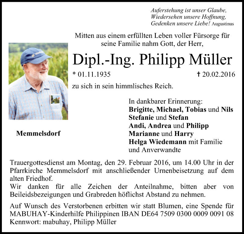  Traueranzeige für Philipp Müller vom 26.02.2016 aus MGO