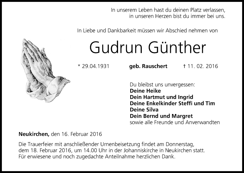  Traueranzeige für Gudrun Günther vom 16.02.2016 aus MGO