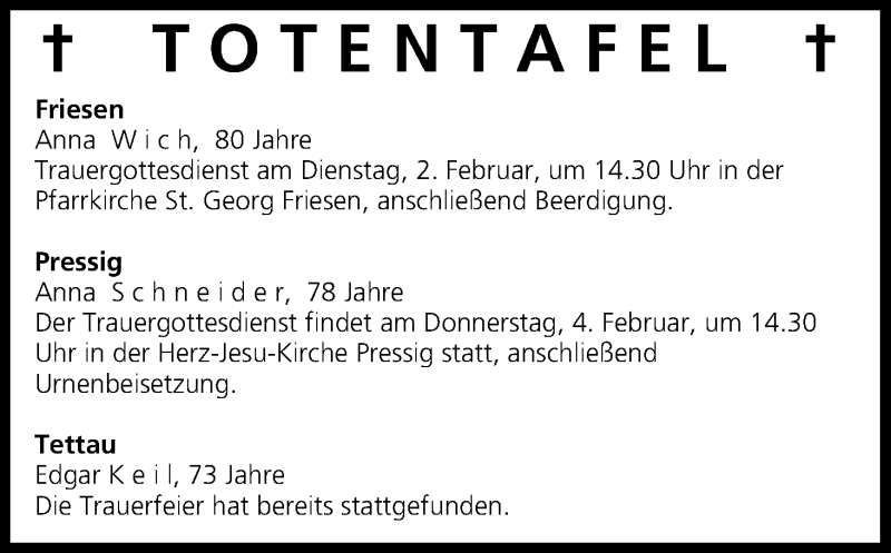  Traueranzeige für Totentafel vom 02.02.2016 vom 02.02.2016 aus MGO
