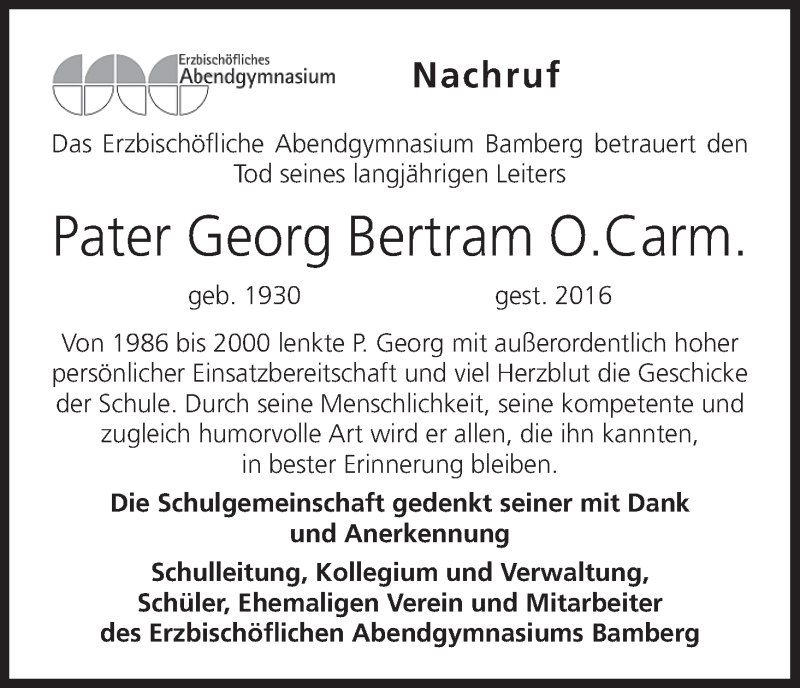  Traueranzeige für Georg Bertram O. Carm. vom 10.02.2016 aus MGO
