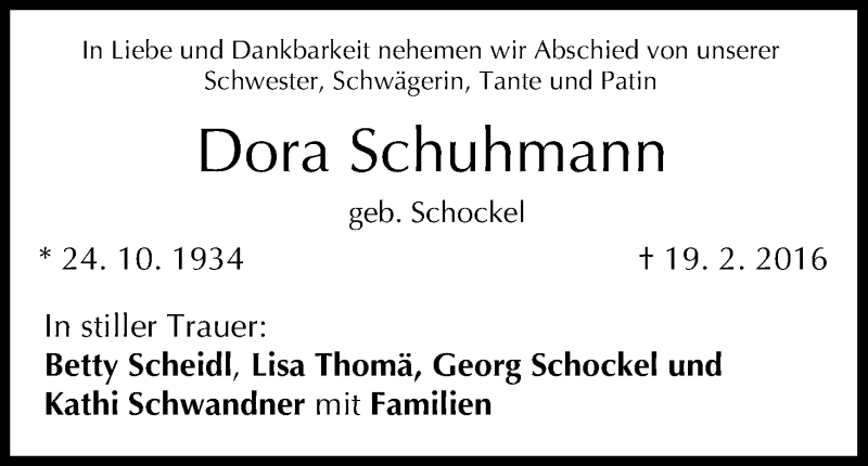  Traueranzeige für Dora Schuhmann vom 24.02.2016 aus MGO