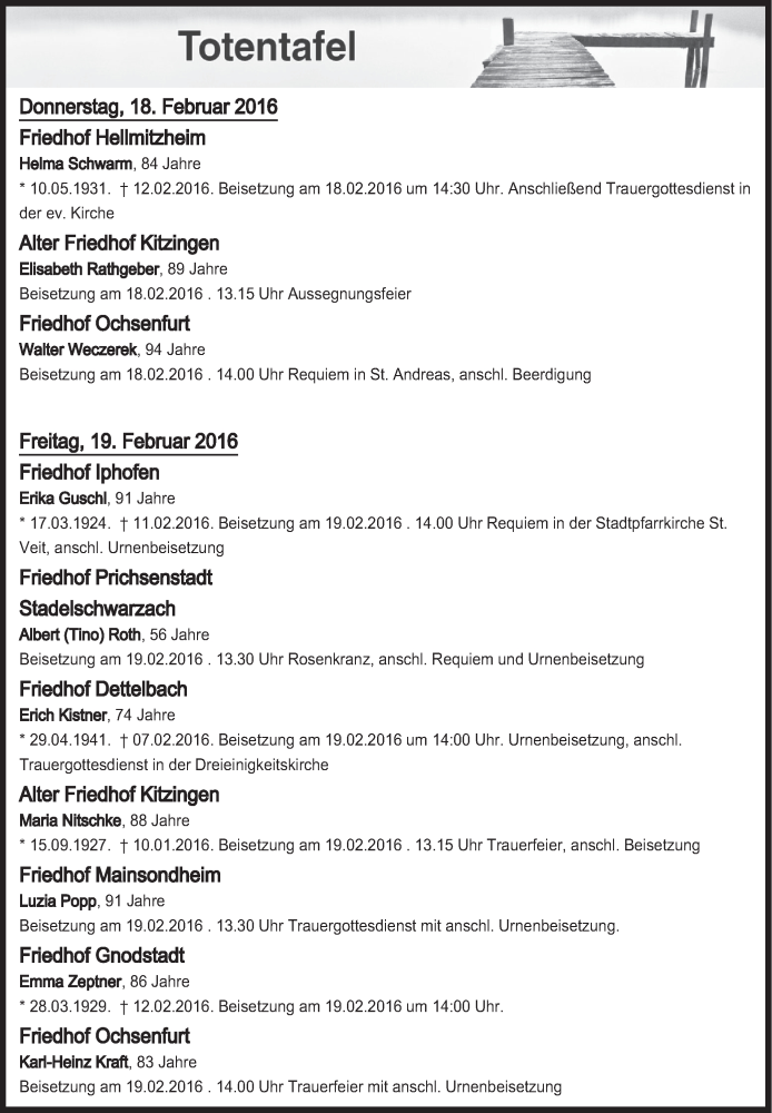  Traueranzeige für Totentafel vom 18.02.2016 vom 18.02.2016 aus MGO