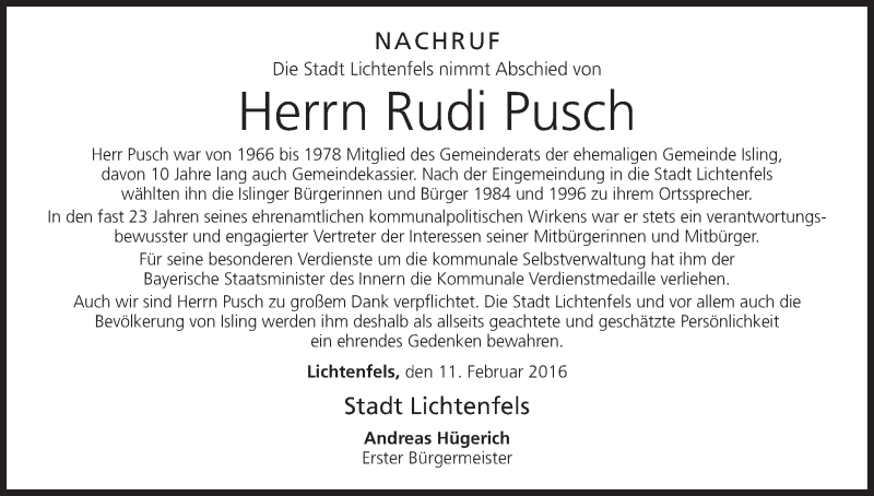  Traueranzeige für Rudi Pusch vom 12.02.2016 aus MGO