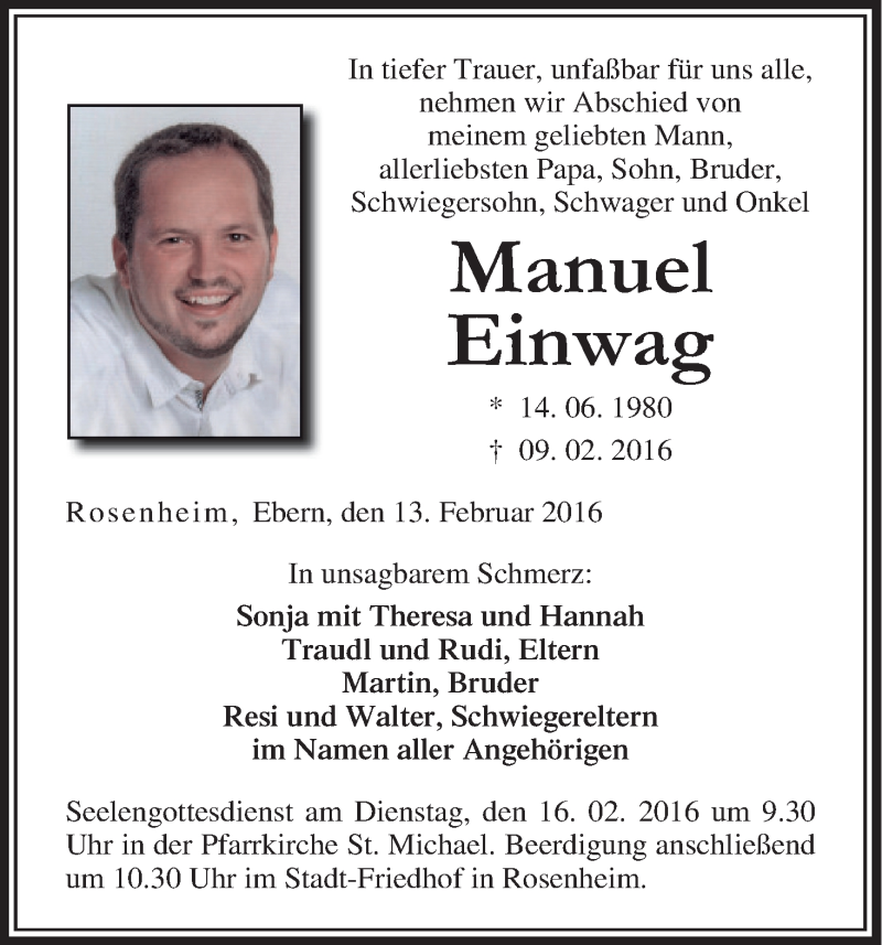  Traueranzeige für Manuel Einwag vom 13.02.2016 aus MGO