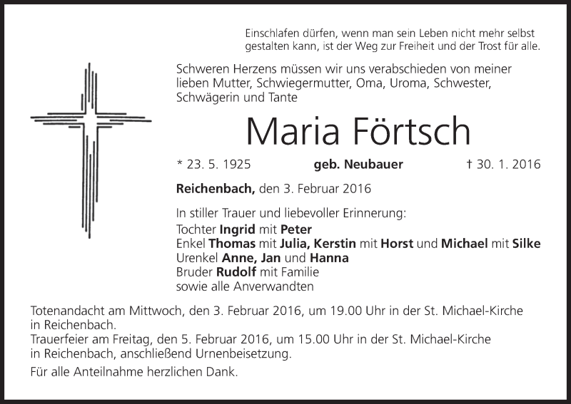  Traueranzeige für Maria Förtsch vom 03.02.2016 aus MGO