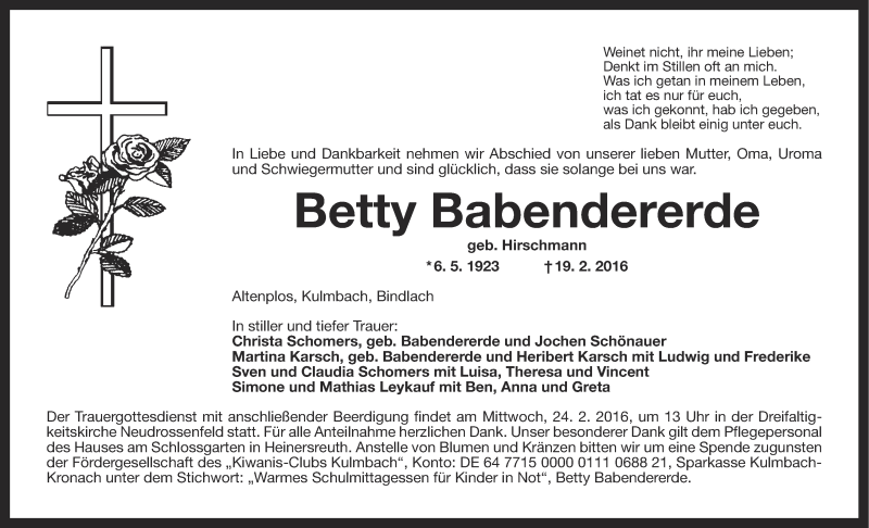  Traueranzeige für Betty Babendererde vom 23.02.2016 aus MGO