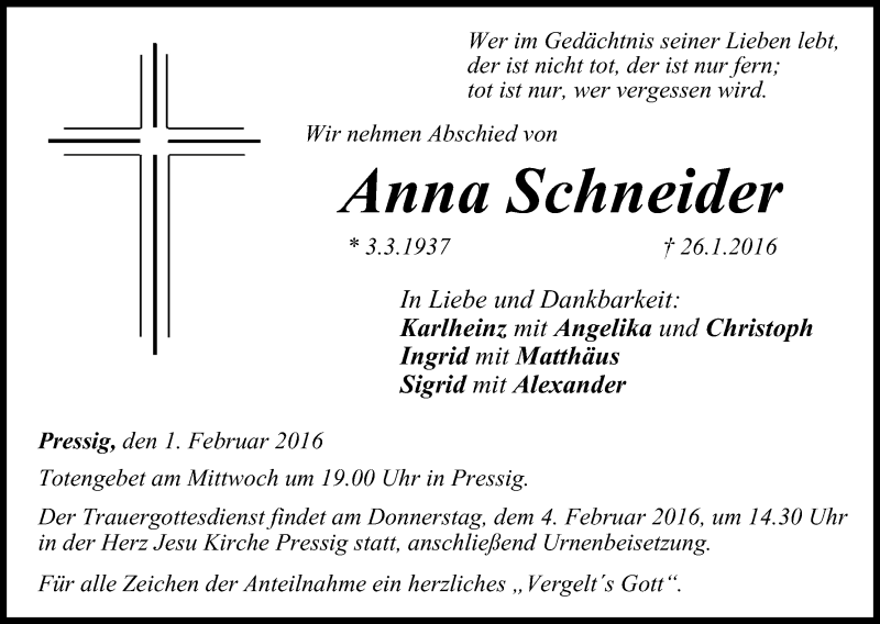  Traueranzeige für Anna Schneider vom 01.02.2016 aus MGO