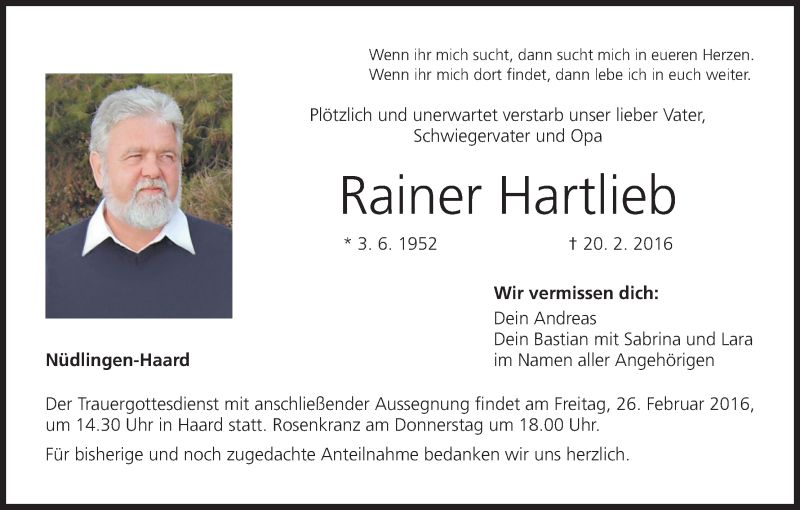  Traueranzeige für Rainer Hartlieb vom 23.02.2016 aus MGO
