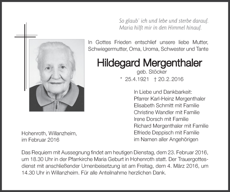  Traueranzeige für Hildegard Mergenthaler vom 23.02.2016 aus MGO