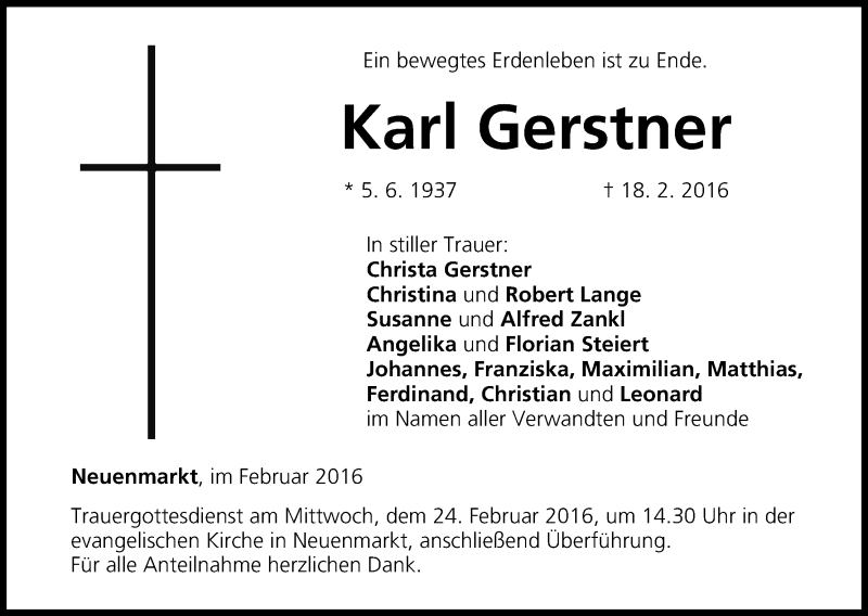  Traueranzeige für Karl Gerstner vom 20.02.2016 aus MGO