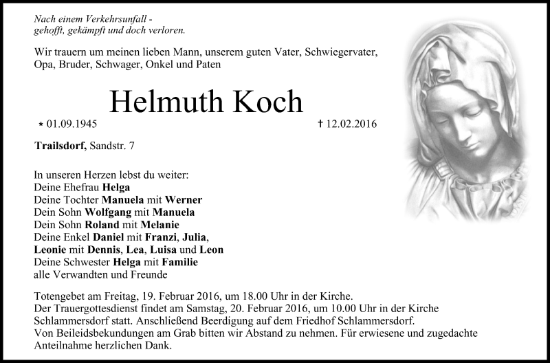 Traueranzeige für Helmuth Koch vom 17.02.2016 aus MGO