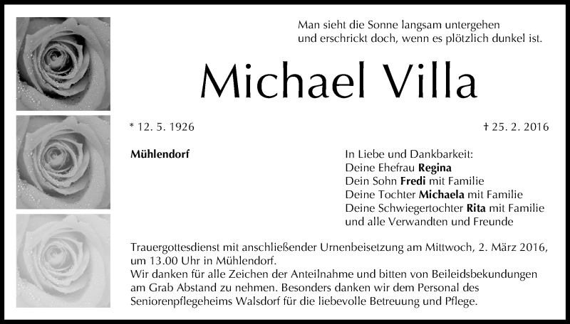  Traueranzeige für Michael Villa vom 27.02.2016 aus MGO