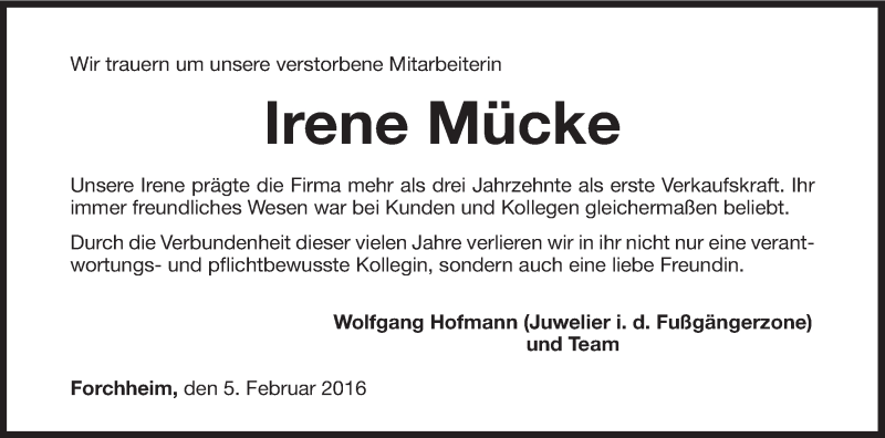  Traueranzeige für Irene Mücke vom 05.02.2016 aus MGO