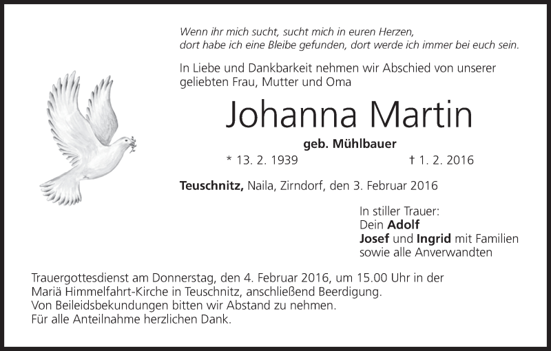  Traueranzeige für Johanna Martin vom 03.02.2016 aus MGO