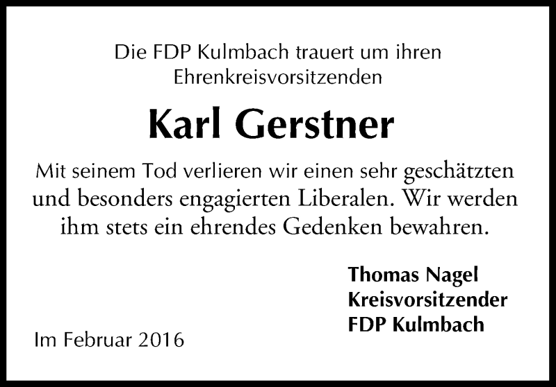  Traueranzeige für Karl Gerstner vom 23.02.2016 aus MGO