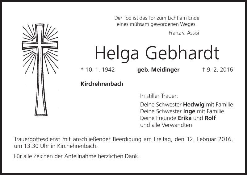  Traueranzeige für Helga Gebhardt vom 11.02.2016 aus MGO