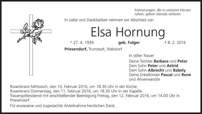  Traueranzeige für Elsa Hornung vom 10.02.2016 aus MGO