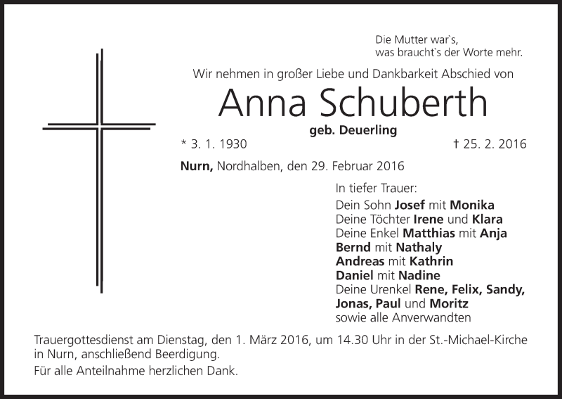  Traueranzeige für Anna Schuberth vom 29.02.2016 aus MGO