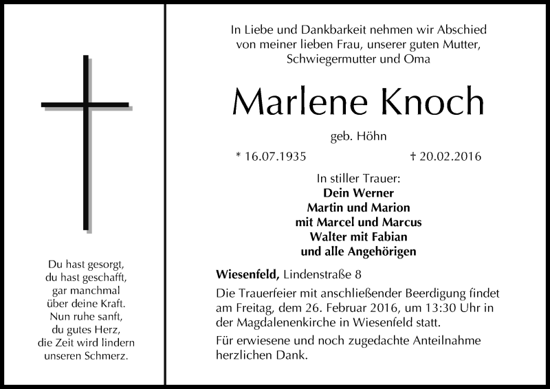  Traueranzeige für Marlene Knoch vom 23.02.2016 aus MGO