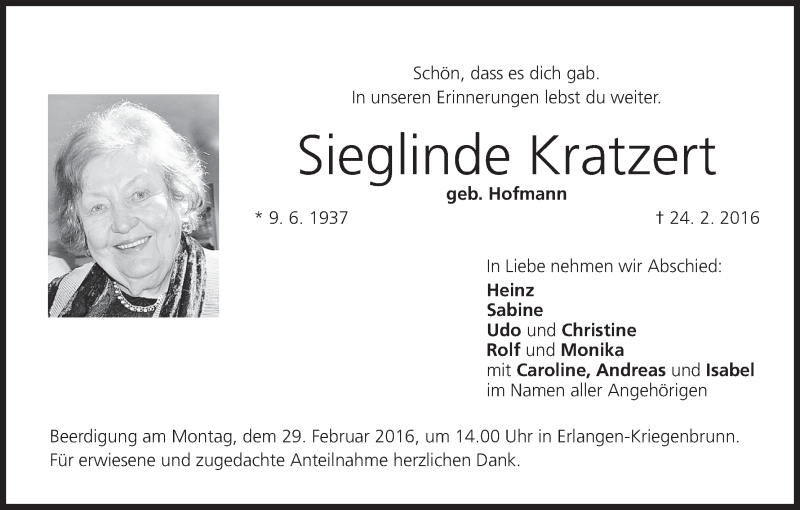  Traueranzeige für Sieglinde Kratzert vom 27.02.2016 aus MGO