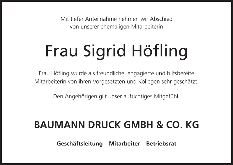  Traueranzeige für Sigrid Höfling vom 11.02.2016 aus MGO