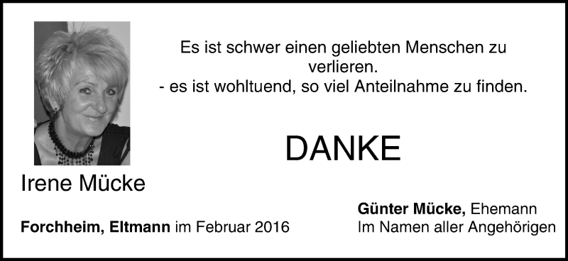  Traueranzeige für Irene Mücke vom 26.02.2016 aus MGO