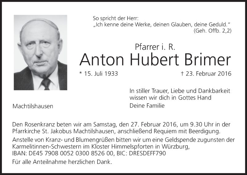  Traueranzeige für Anton Hubert Brimer vom 25.02.2016 aus MGO