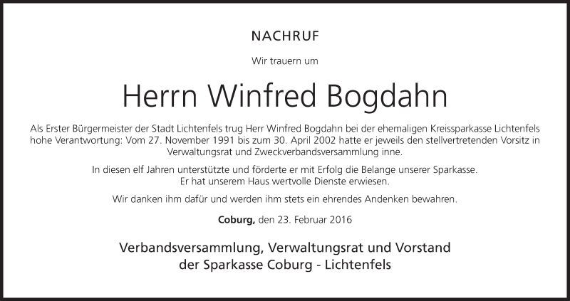  Traueranzeige für Winfred Bogdahn vom 23.02.2016 aus MGO