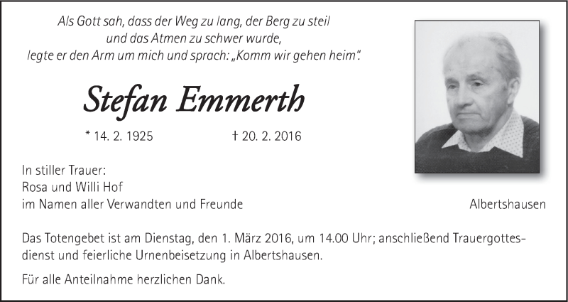  Traueranzeige für Stefan Emmerth vom 27.02.2016 aus MGO