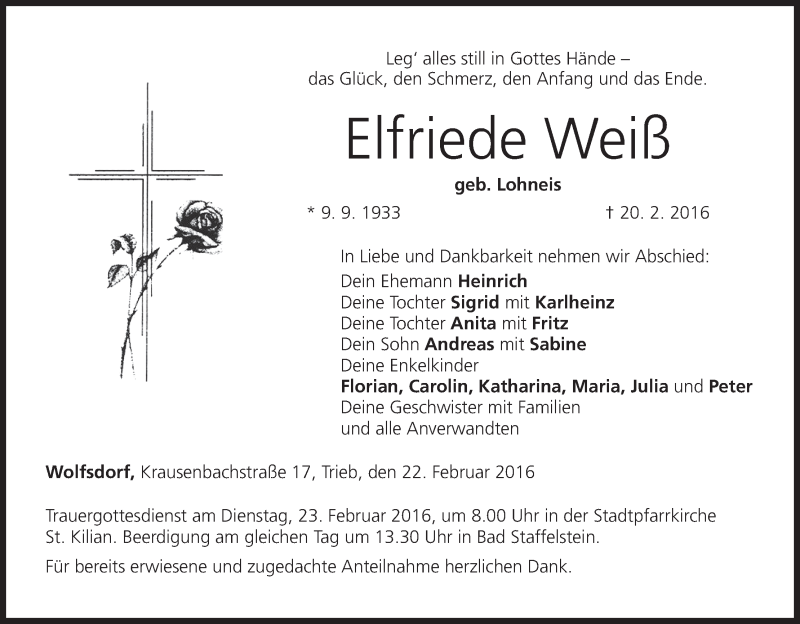  Traueranzeige für Elfriede Weiß vom 22.02.2016 aus MGO