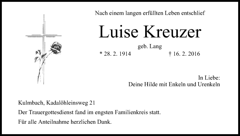 Traueranzeige für Luise Kreuzer vom 25.02.2016 aus MGO