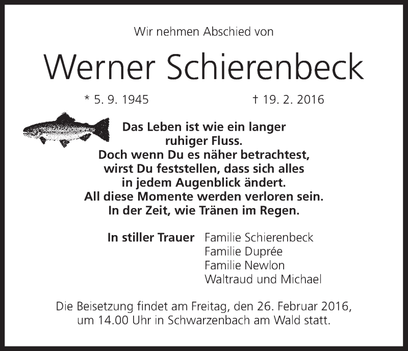  Traueranzeige für Werner Schierenbeck vom 24.02.2016 aus MGO
