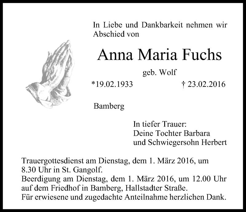  Traueranzeige für Anna Maria Fuchs vom 27.02.2016 aus MGO