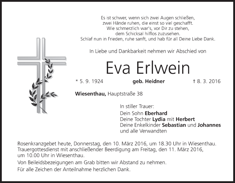  Traueranzeige für Eva Erlwein vom 10.03.2016 aus MGO