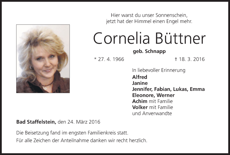  Traueranzeige für Cornelia Büttner vom 24.03.2016 aus MGO