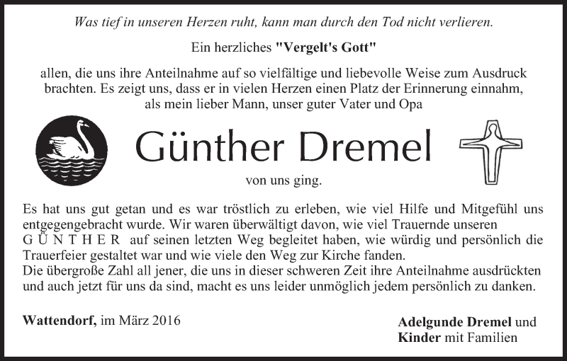  Traueranzeige für Günther Dremel vom 05.03.2016 aus MGO