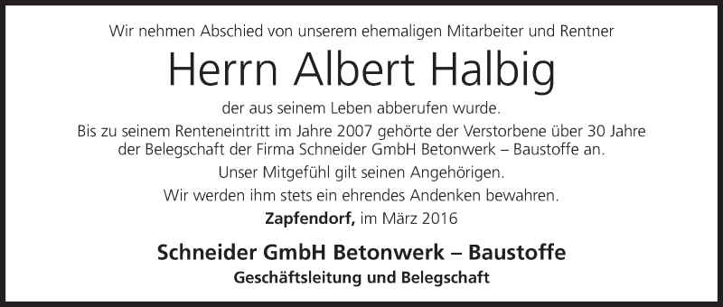  Traueranzeige für Albert Halbig vom 11.03.2016 aus MGO