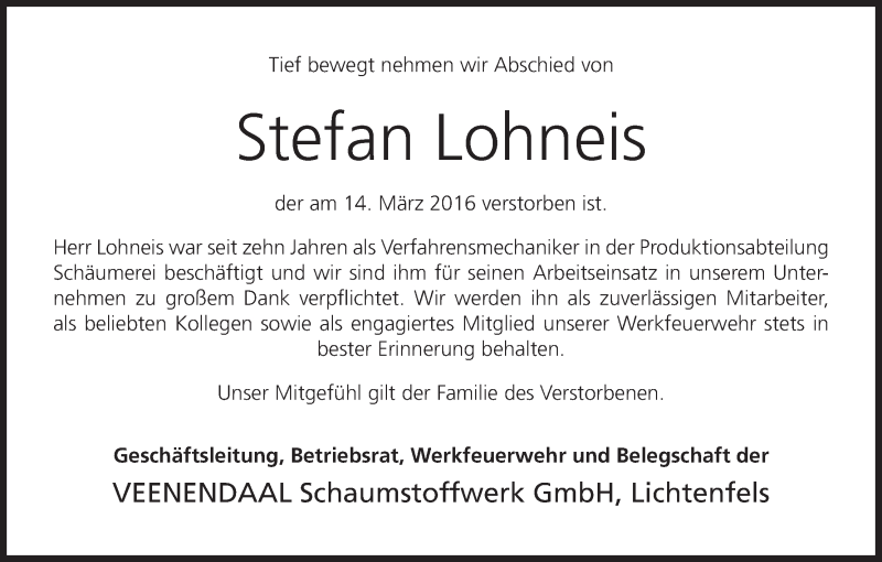  Traueranzeige für Stefan Lohneis vom 31.03.2016 aus MGO