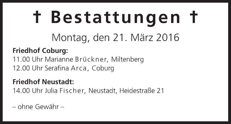 Bestattungen Vom 21.03.2016 | Traueranzeige | Trauer.inFranken.de